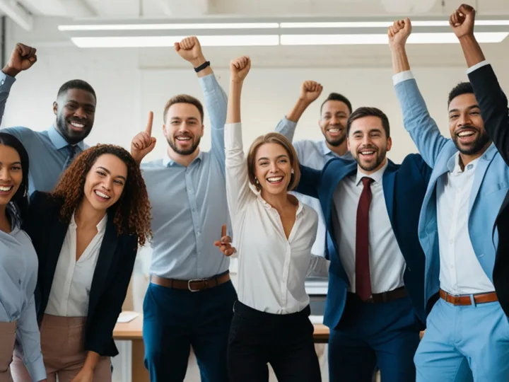 A small business team celebrating a big win together in the office
